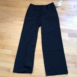 black slacks, boot cut trim at the bottom